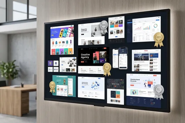 Portfolio gallery display showing multiple website screenshots and design mockups on a digital canvas, award ribbons visible, diverse design styles