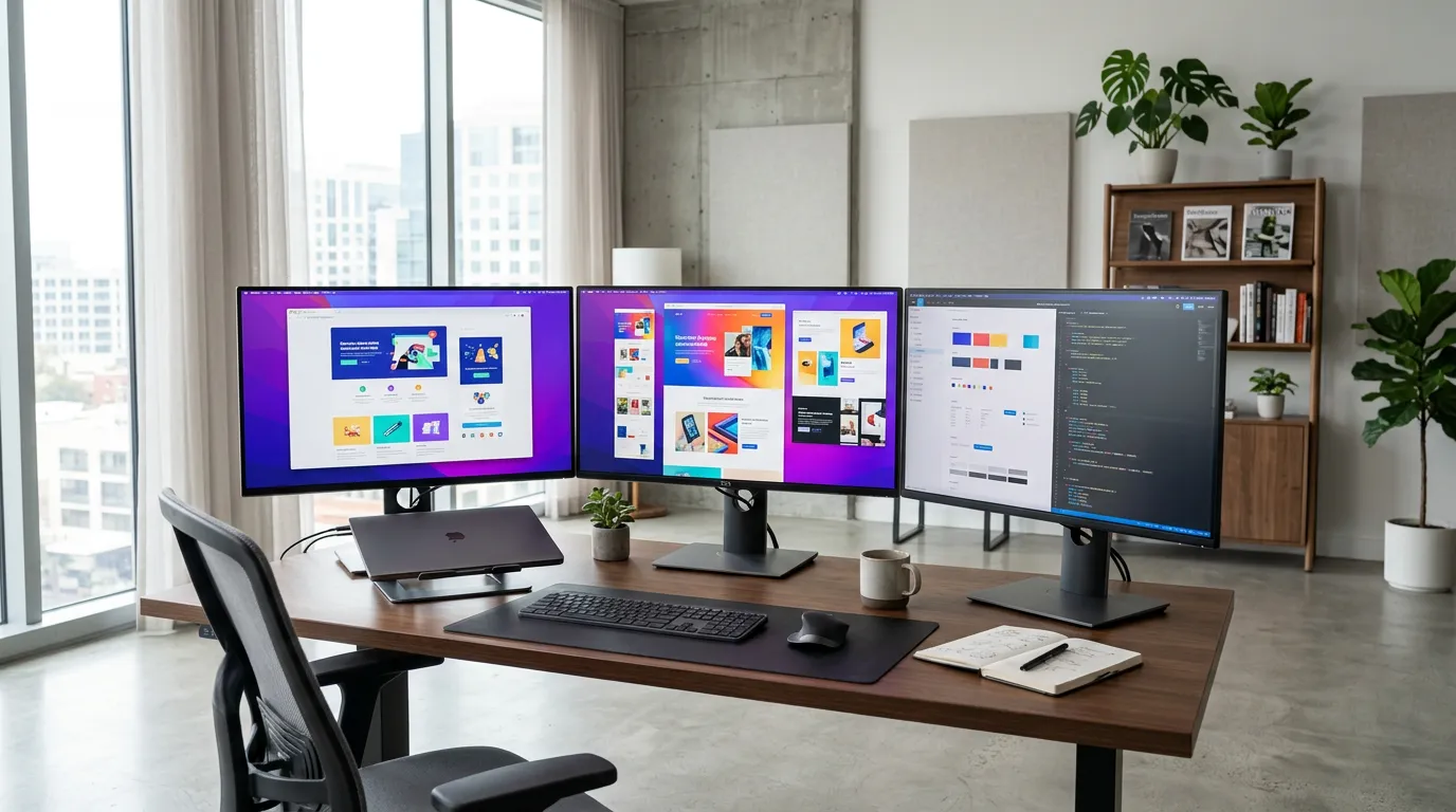 Modern web design workspace with multiple computer monitors displaying colorful website designs, clean minimalist studio environment, natural light, professional atmosphere
