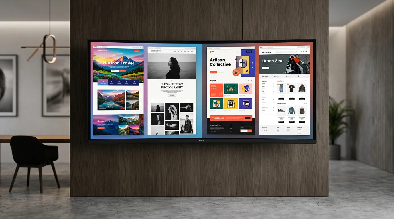 Digital design concept showing beautiful website layouts on multiple screens, modern minimalist aesthetic, portfolio display