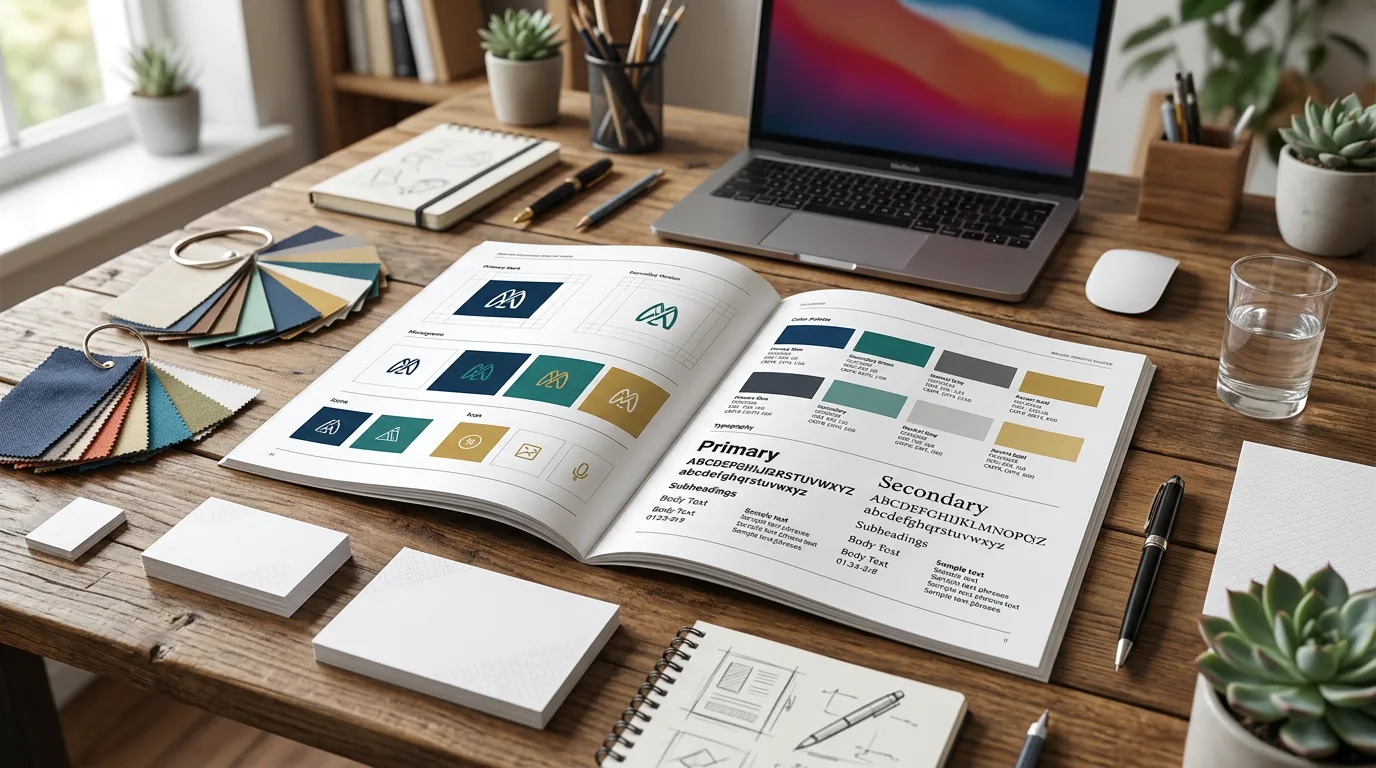 Brand identity guide layout with color swatches, typography samples, logo variations, and visual brand guidelines spread on a designer's workspace, professional branding materials