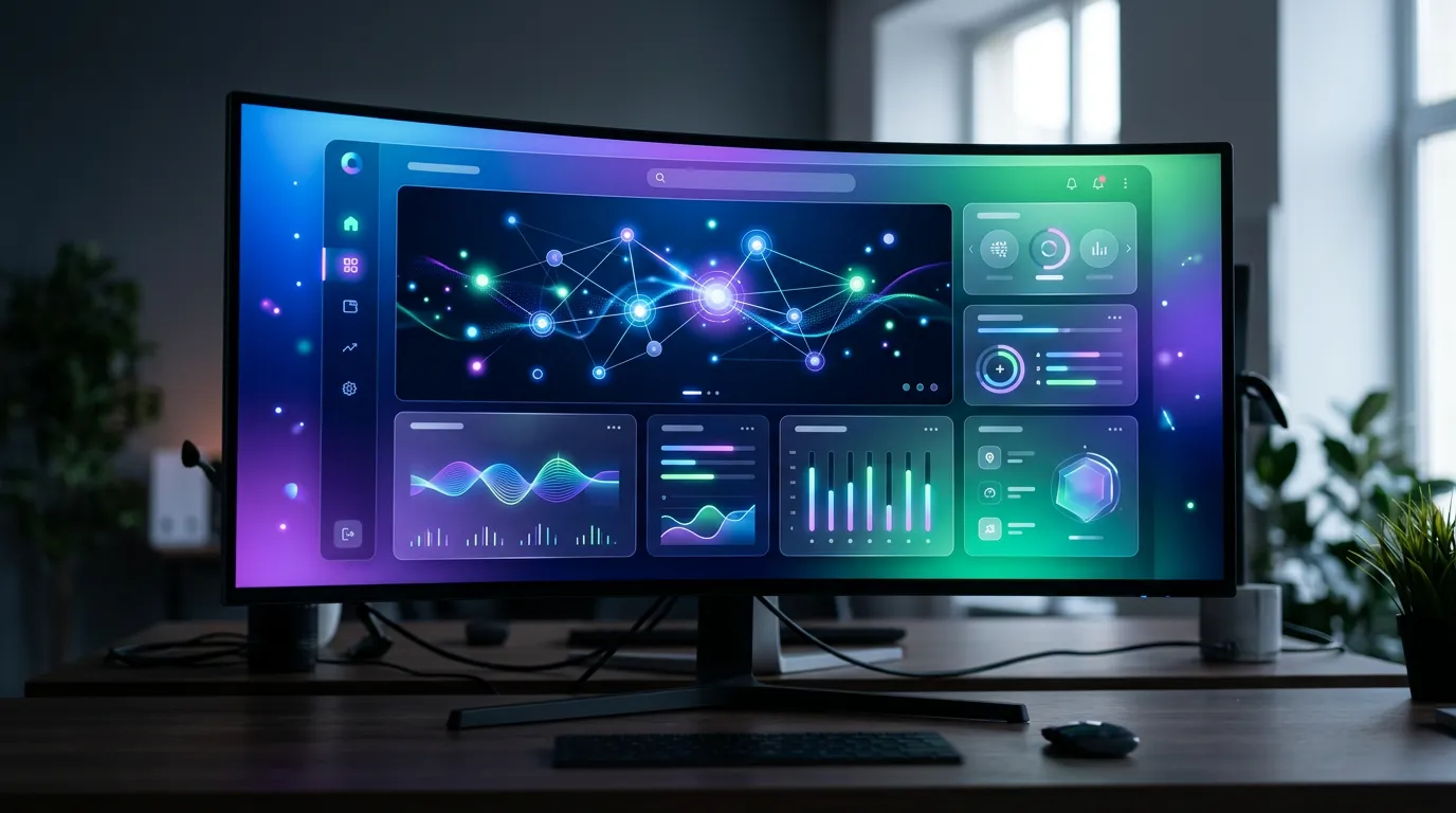 Futuristic web design interface with AI elements, gradient overlays, smooth animations, and modern UI components on screen, cutting-edge digital design aesthetic