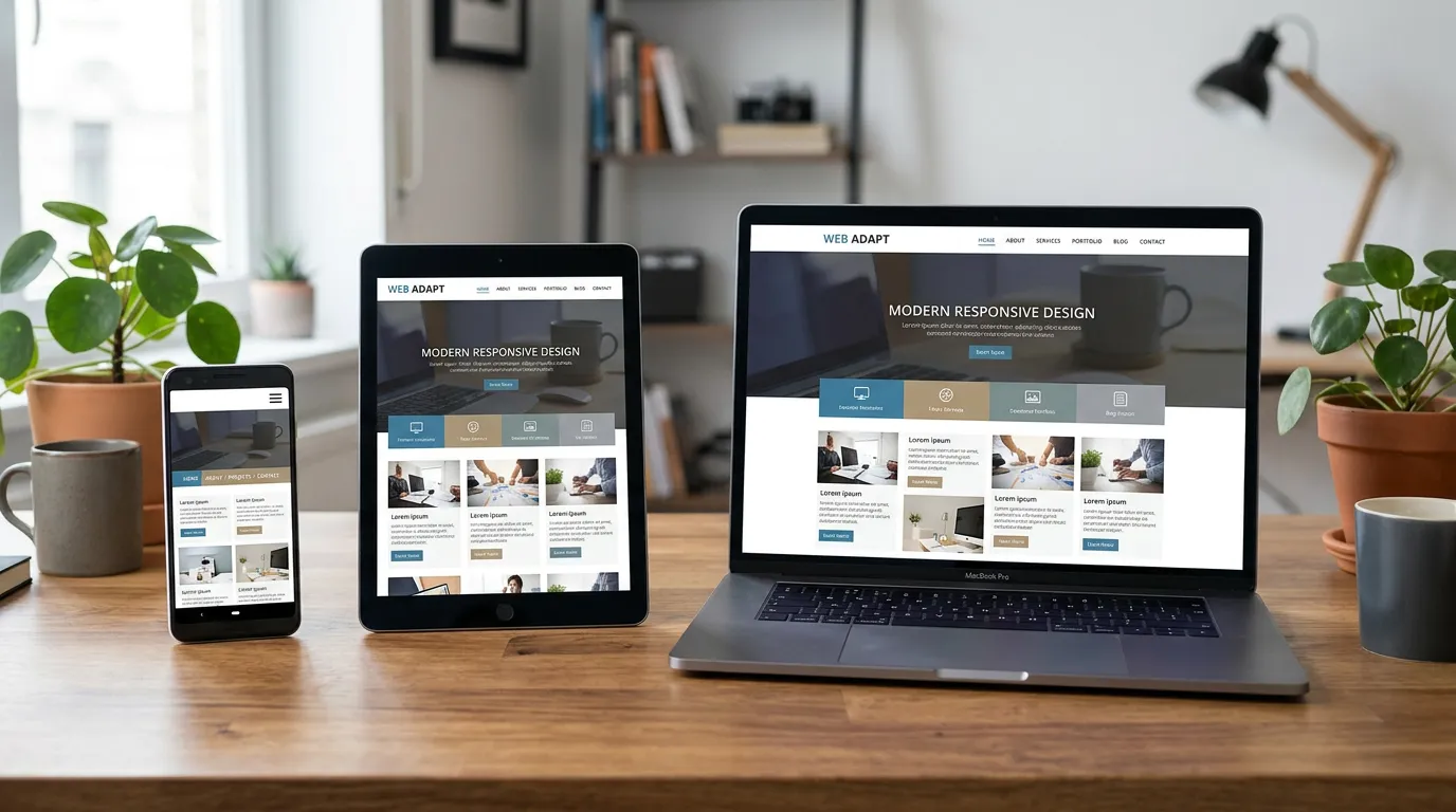 Multiple digital devices smartphone tablet laptop displaying the same responsive website at different screen sizes, arranged to show adaptation across screens, modern technology