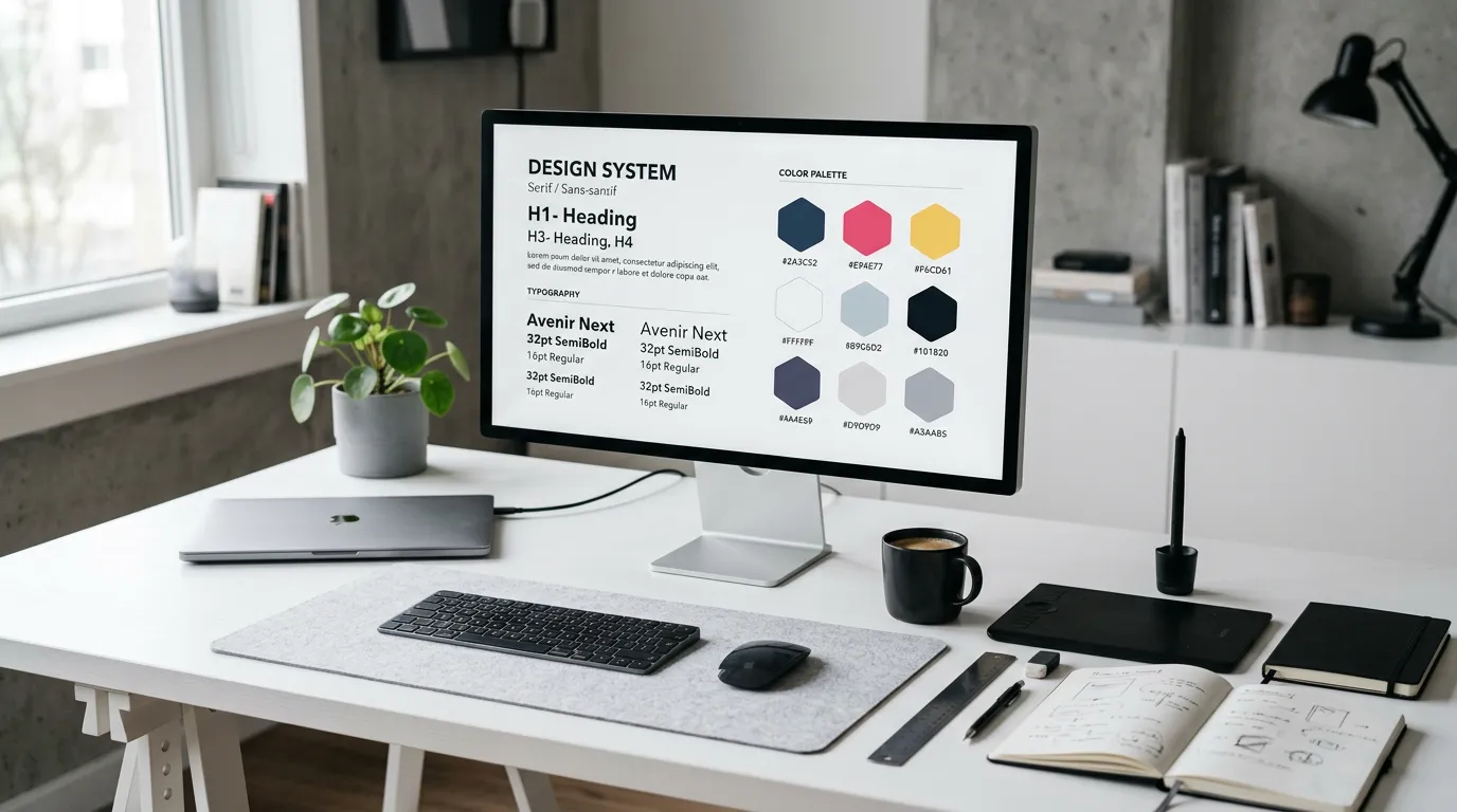 Minimalist desktop workspace showing a design mockup on screen with typography and color palette samples, clean white desk with design tools scattered, professional creative environment